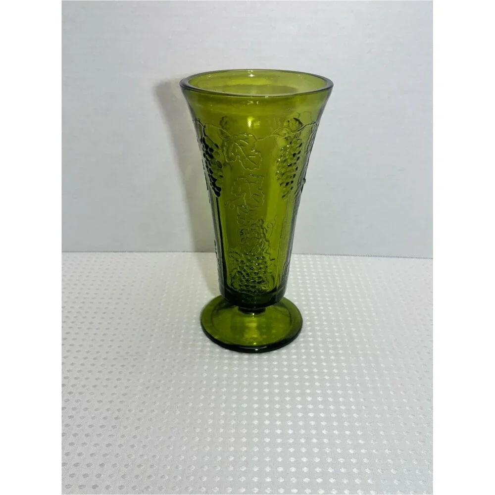 VTG Indiana Glass Avocado Green Harvest Grape Footed Pedestal Vase